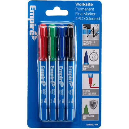 Empire Coloured Fine Marker Pens 4 Pack - Durable, Quick-Dry, Clog-Resistant, Permanent Ink