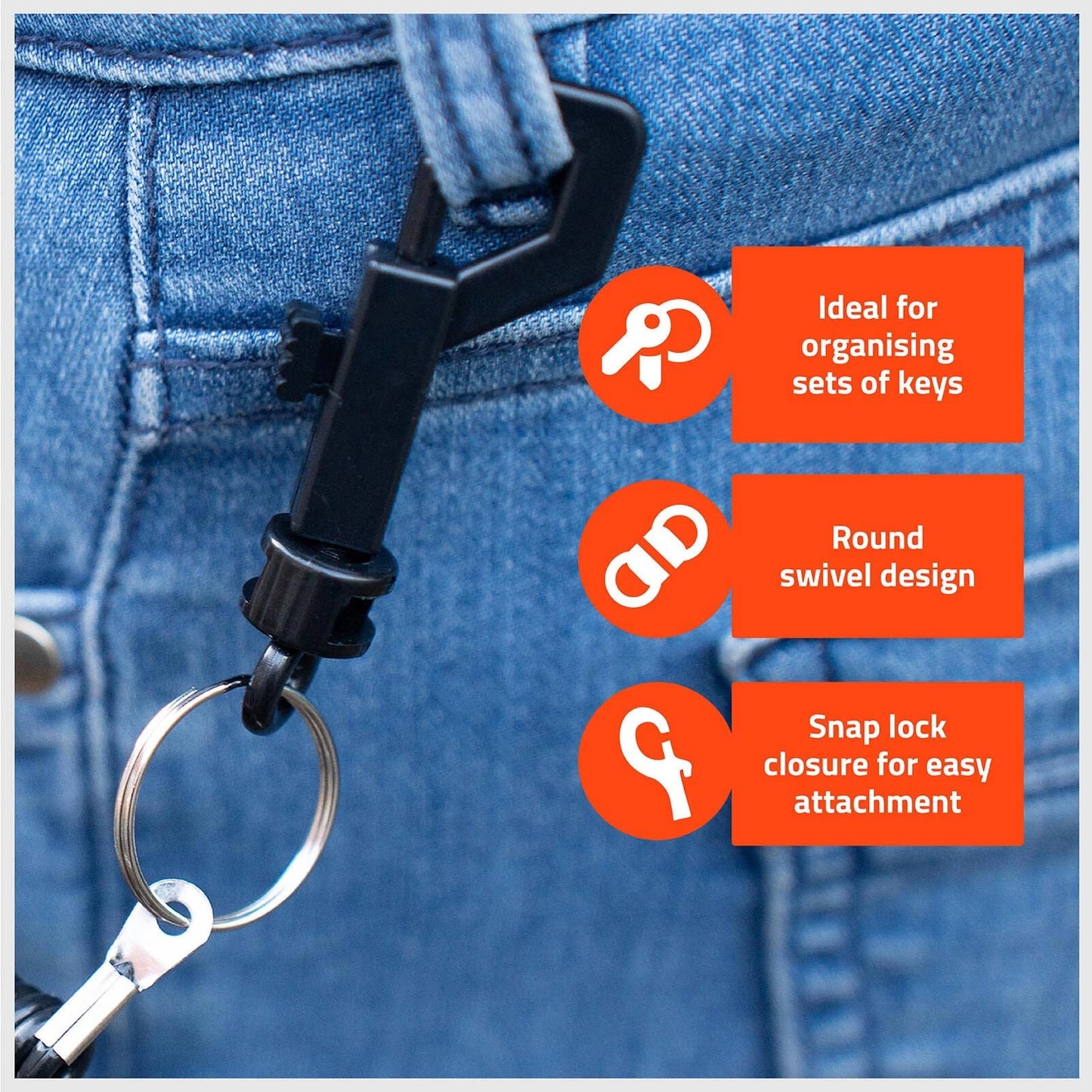 Taskmaster 70mm Black Plastic J Clip 10 Pack with Spring-Loaded Trigger & 25mm Key Ring