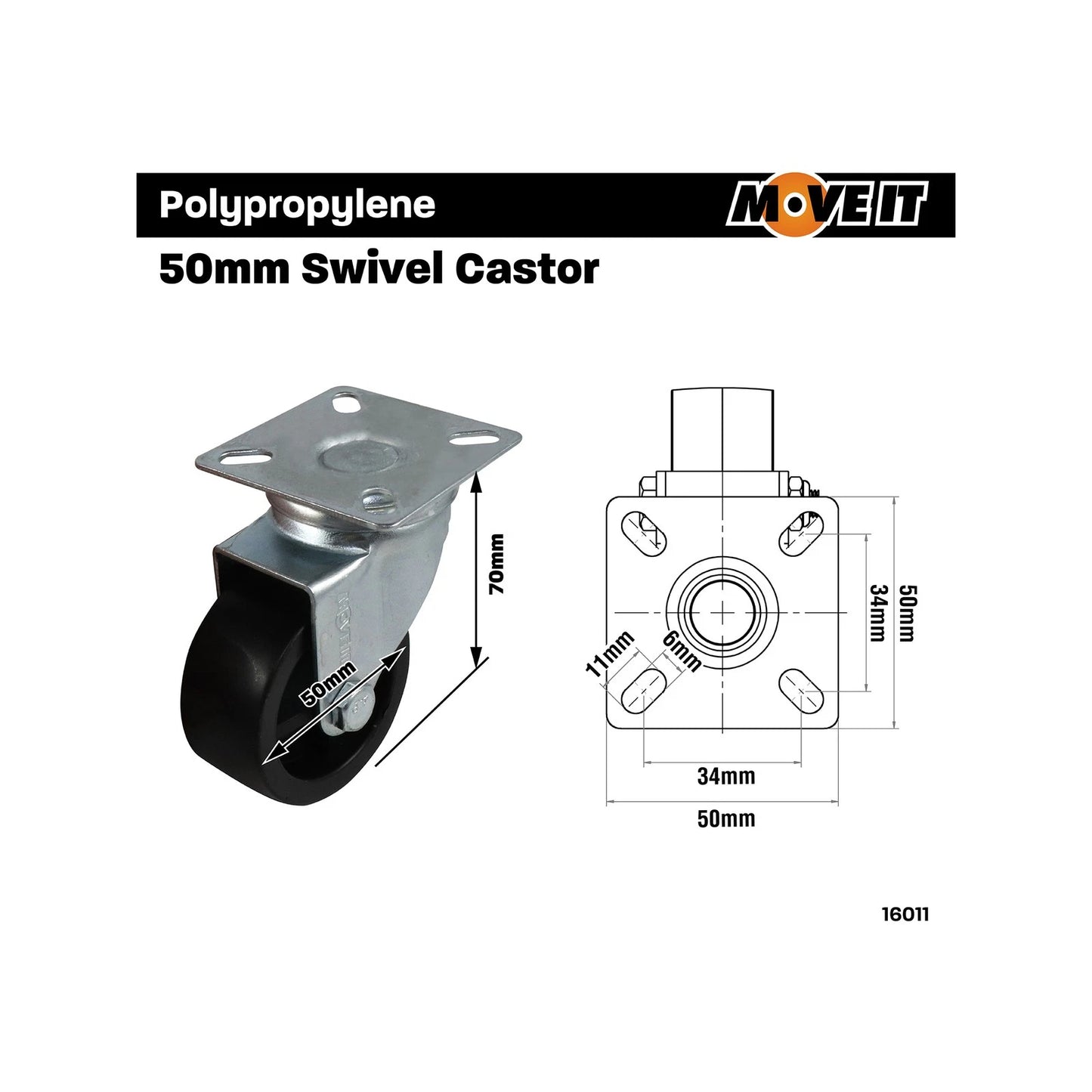 Move It Swivel Castor 50mm Nylon Wheels, 40kg Load, Carpet Use