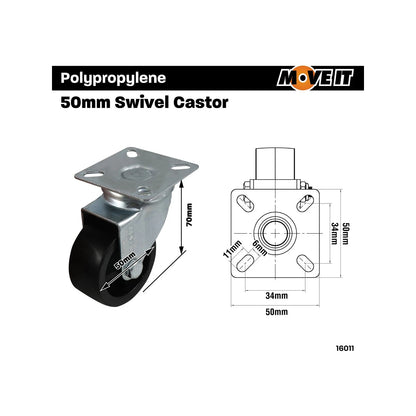 Move It Swivel Castor 50mm Nylon Wheels, 40kg Load, Carpet Use