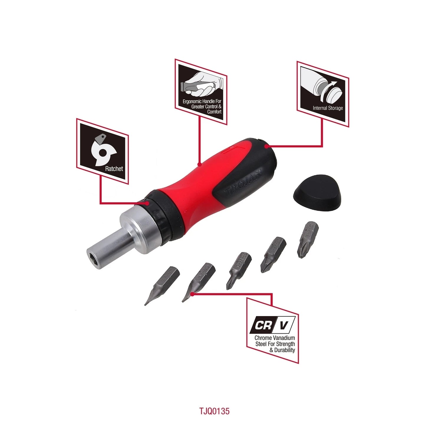 Trojan 6 in 1 Ratchet Screwdriver Stubby, CR-V Bits, Ergonomic Handle, Lifetime Warranty