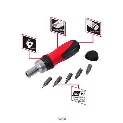 Trojan 6 in 1 Ratchet Screwdriver Stubby, CR-V Bits, Ergonomic Handle, Lifetime Warranty