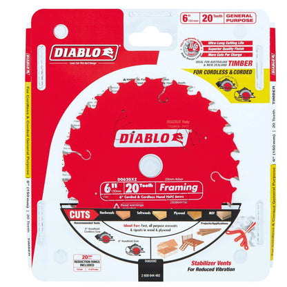 Diablo 150mm 20T Cordless Circular Saw Blade, TiCo Carbide, Non-Stick Coating