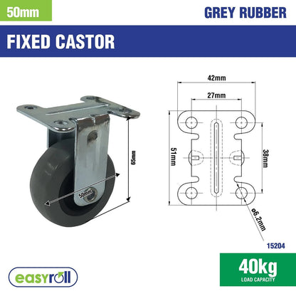 Easyroll 50mm Grey Rubber Fixed Plate Castor, 40kg Load, Indoor Use