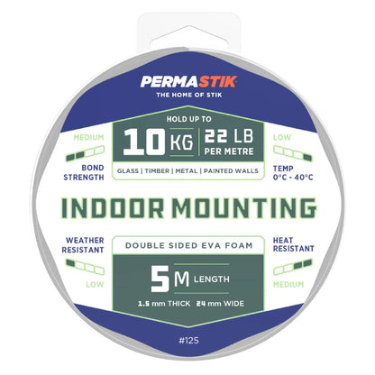 Permastik Indoor Mounting Tape 24mm x 5m - Strong Adhesion, No Tools Required, Versatile Use