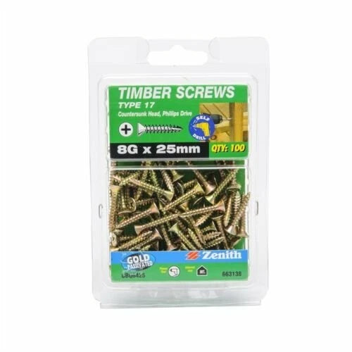 Zenith Timber Screws 8g x 25mm Countersunk Head Self-Drilling - 100 Pack