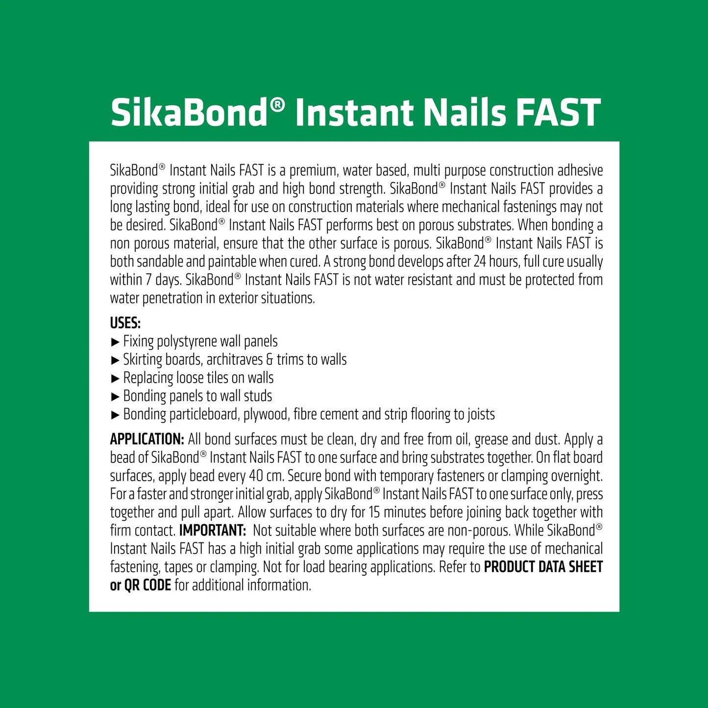 Sika 430g White SikaBond Instant Nails Fast Adhesive - Water-Based, Indoor/Outdoor Use