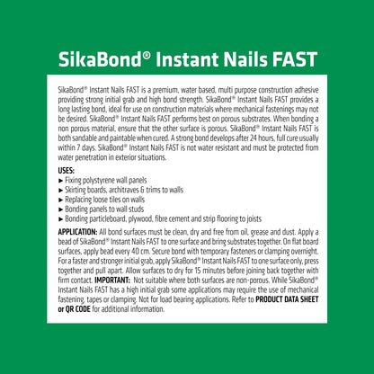 Sika 430g White SikaBond Instant Nails Fast Adhesive - Water-Based, Indoor/Outdoor Use