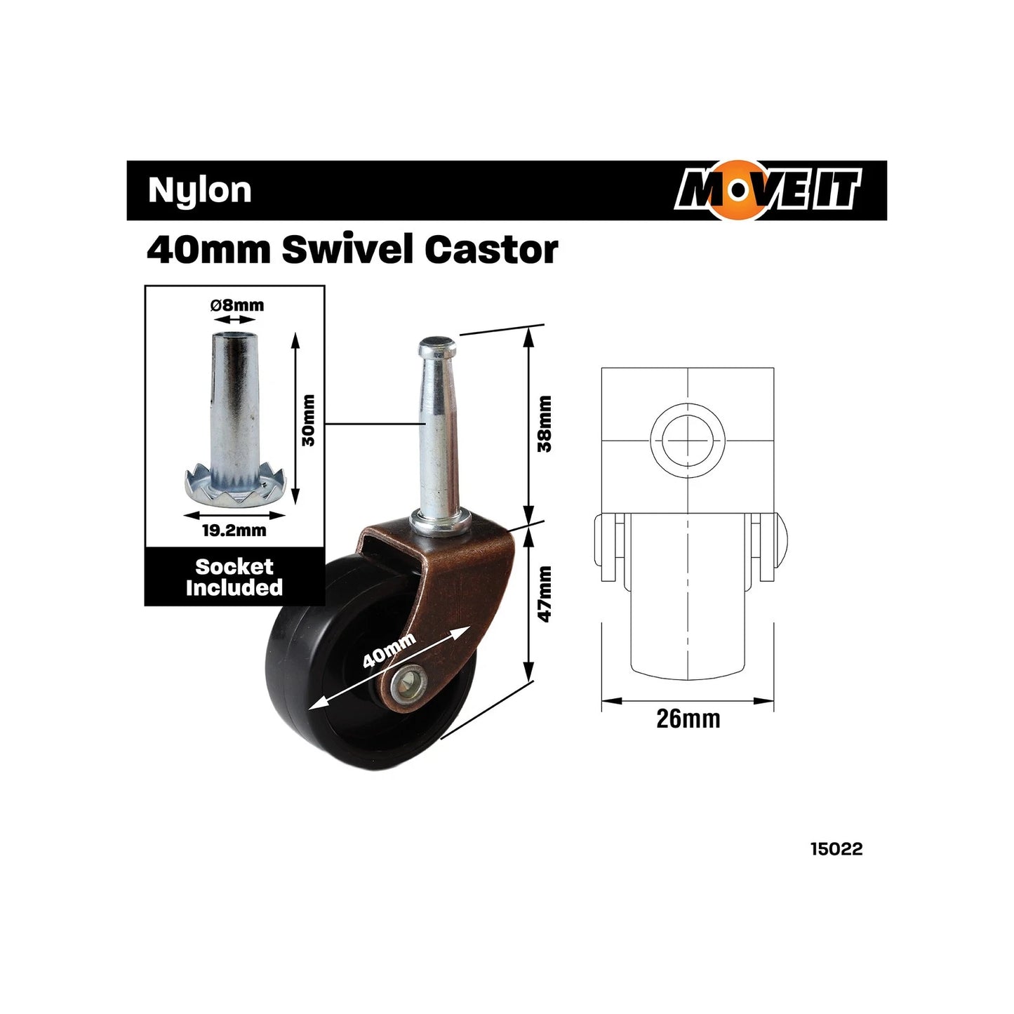 Move It 40mm Furniture Castor Wheel Socket 2 Pack, Low-Profile, Swivel, 60kg Load