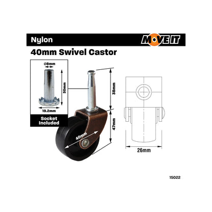 Move It 40mm Furniture Castor Wheel Socket 2 Pack, Low-Profile, Swivel, 60kg Load