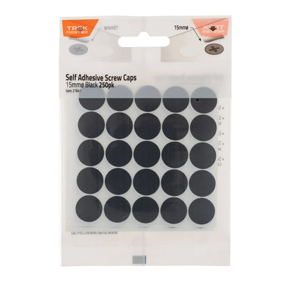 Taskmaster 15mm Black Self Adhesive Screw Caps - 250 Pack for Cabinets