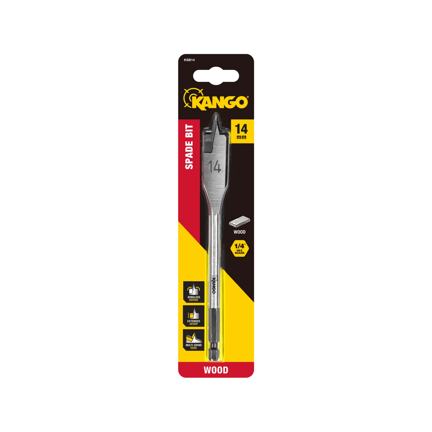 Kango 14mm Spade Bit, Wingless Design, ¼” Hex Shank, Extended Scoop for Woodworking