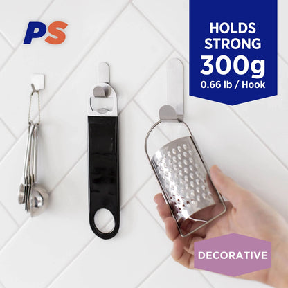 Permastik Small Steel Metal Hooks 6 Pack - No Damage, 300g Load, Stainless Steel