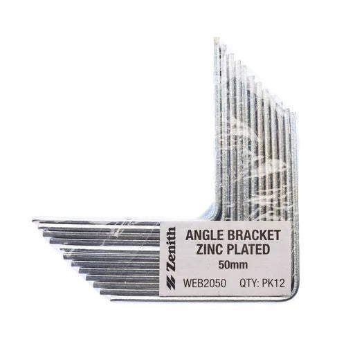 Zenith Zinc Plated Angle Brackets 50mm - Corrosion Resistant, 12 Pack for Shelves & Desks