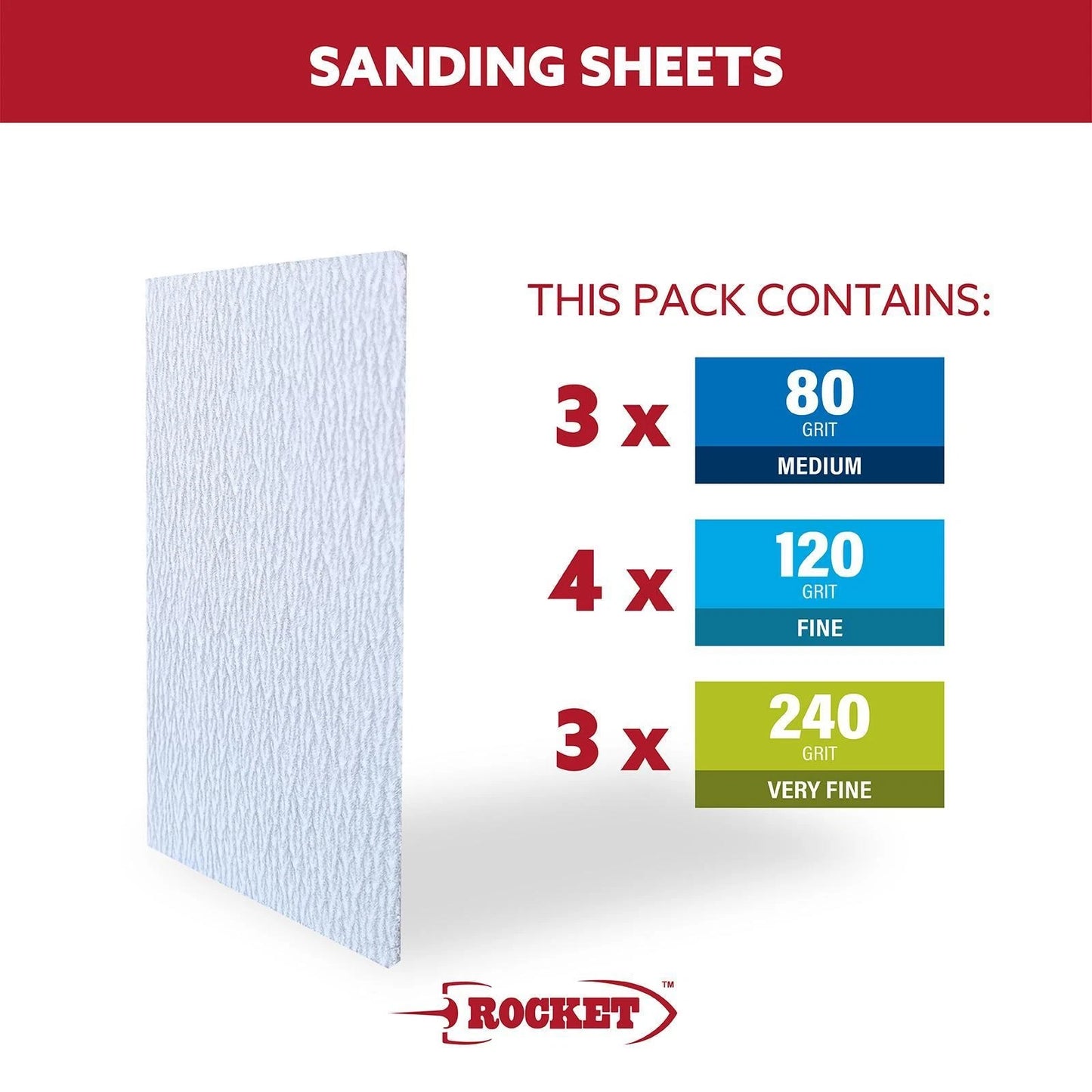 Rocket Sanding Sponge Kit 10-Pack, Versatile, Flexible, Multiple Grits, Hook & Loop Base