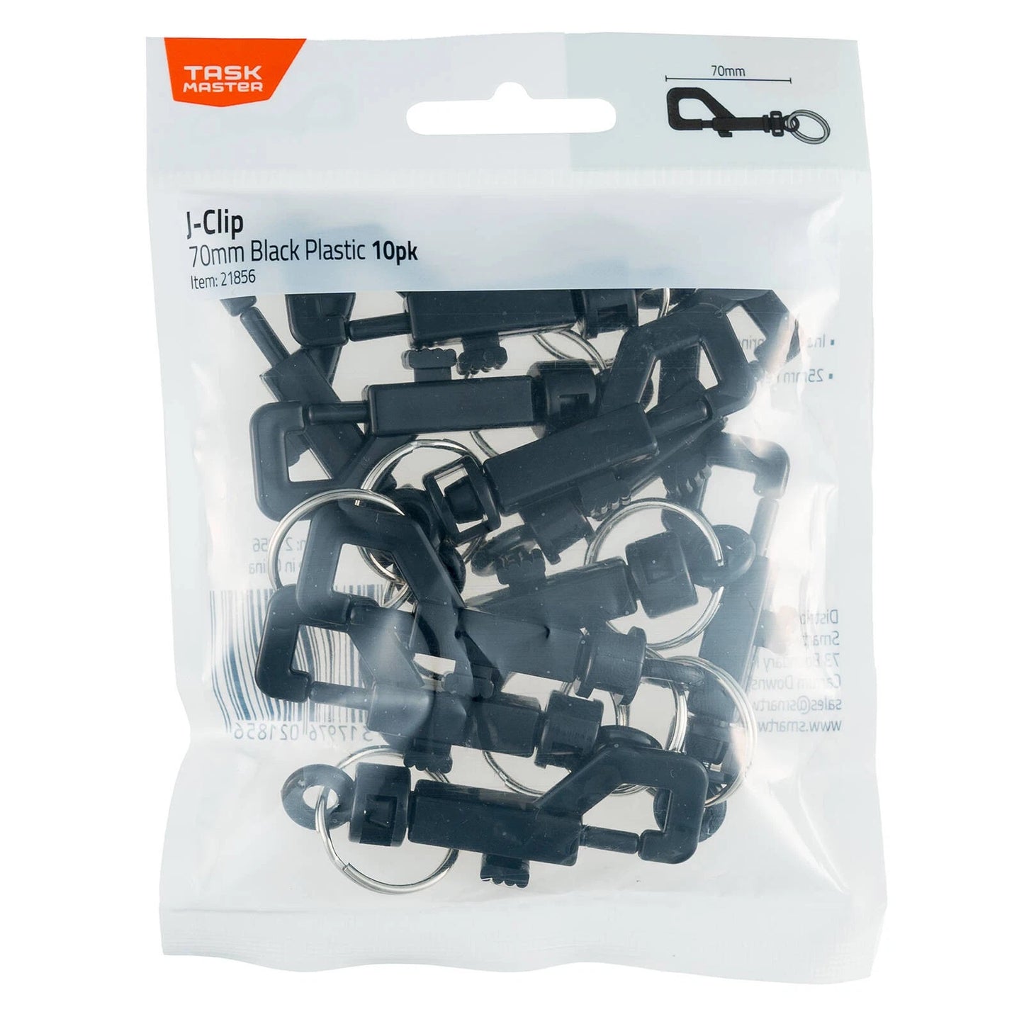 Taskmaster 70mm Black Plastic J Clip 10 Pack with Spring-Loaded Trigger & 25mm Key Ring