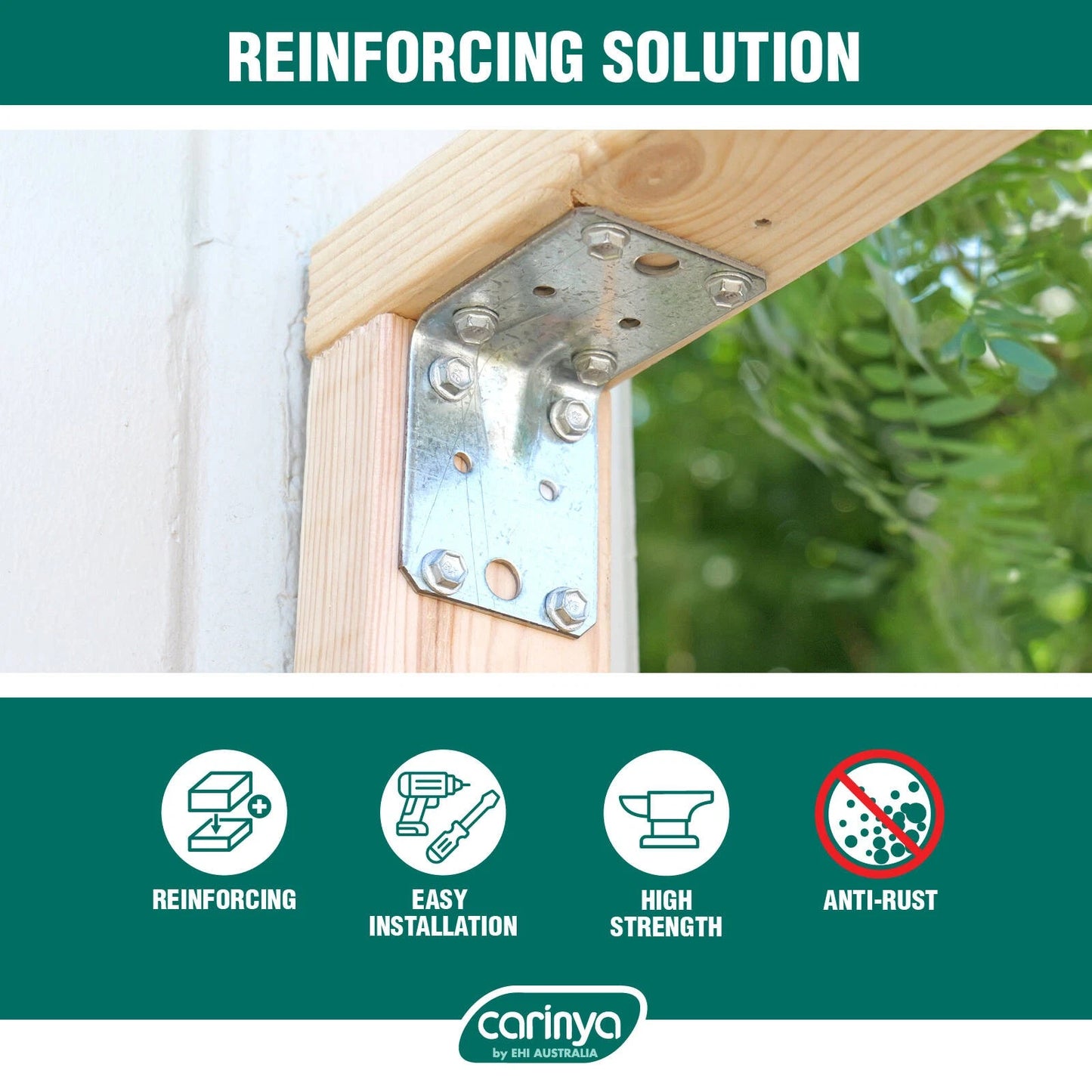 Carinya Zinc Plated Reinforcing Angle Bracket 44.5x27x27x2mm - 4 Pack, Indoor/Outdoor Use