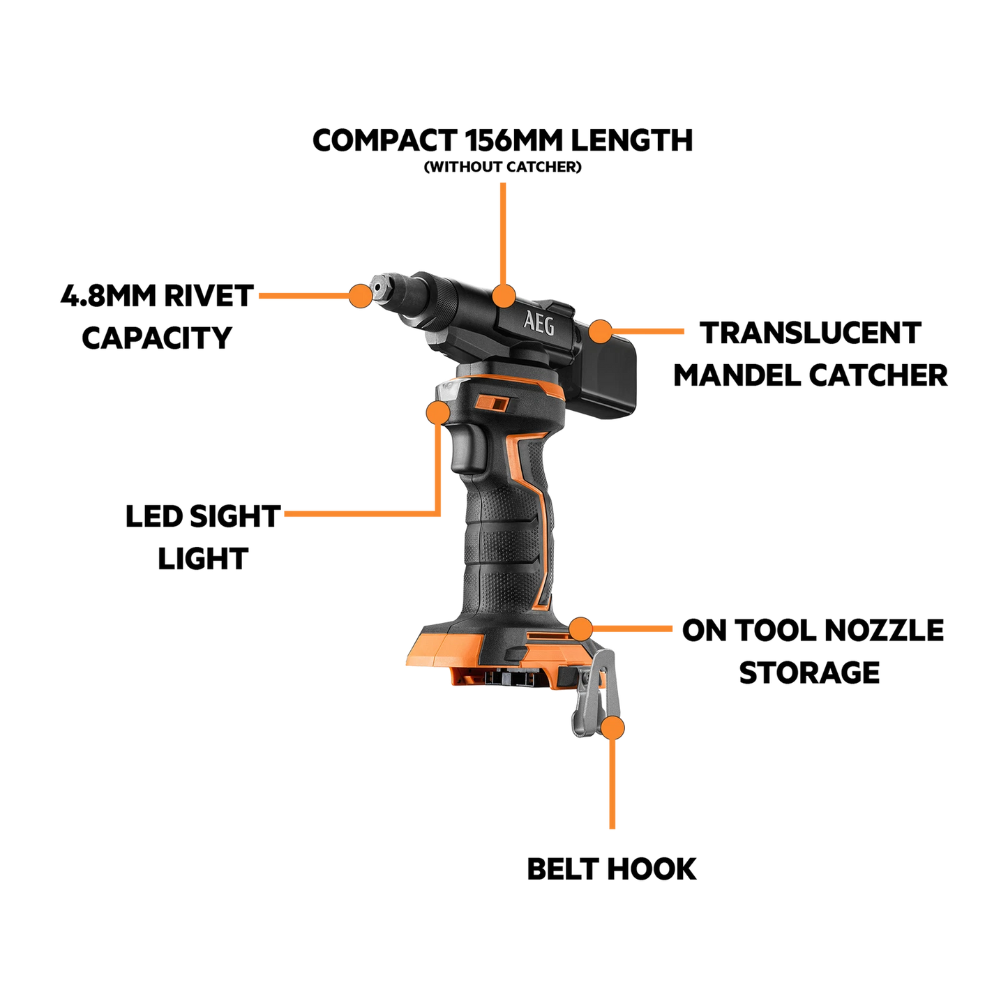 AEG 18V Compact Rivet Gun 4.8mm, Powerful Motor, Versatile, LED Light