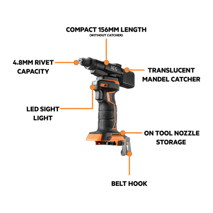 AEG 18V Compact Rivet Gun 4.8mm, Powerful Motor, Versatile, LED Light