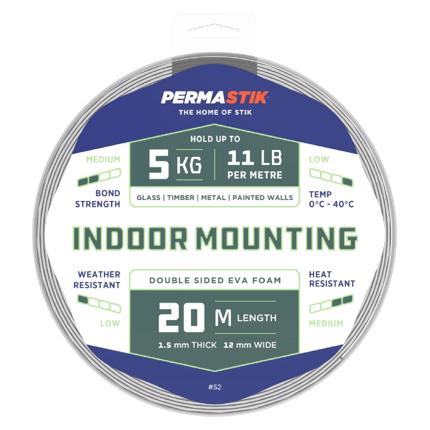 Permastik Indoor Mounting Tape 12mm x 20m - Strong Foam, Holds 5kg/m, No Drilling Needed