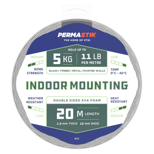 Permastik Indoor Mounting Tape 12mm x 20m - Strong Foam, Holds 5kg/m, No Drilling Needed