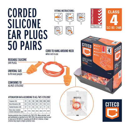 CITECO Corded Silicone Ear Plugs, Reusable, 50 Pairs, Universal Fit, Noise Reduction