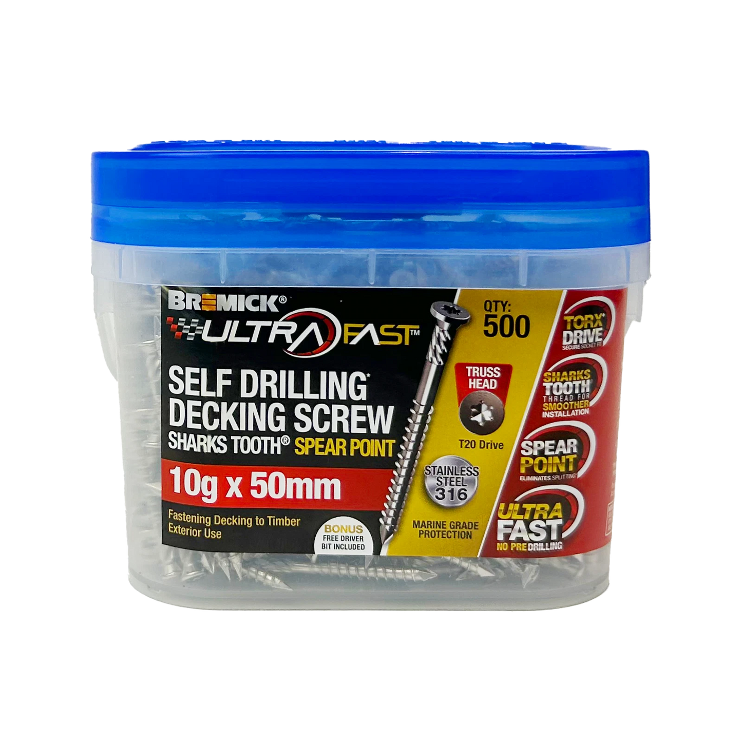 Bremick Ultrafast 10g x 50mm Stainless Steel 316 T20 Truss Head Screws - 500 Pack