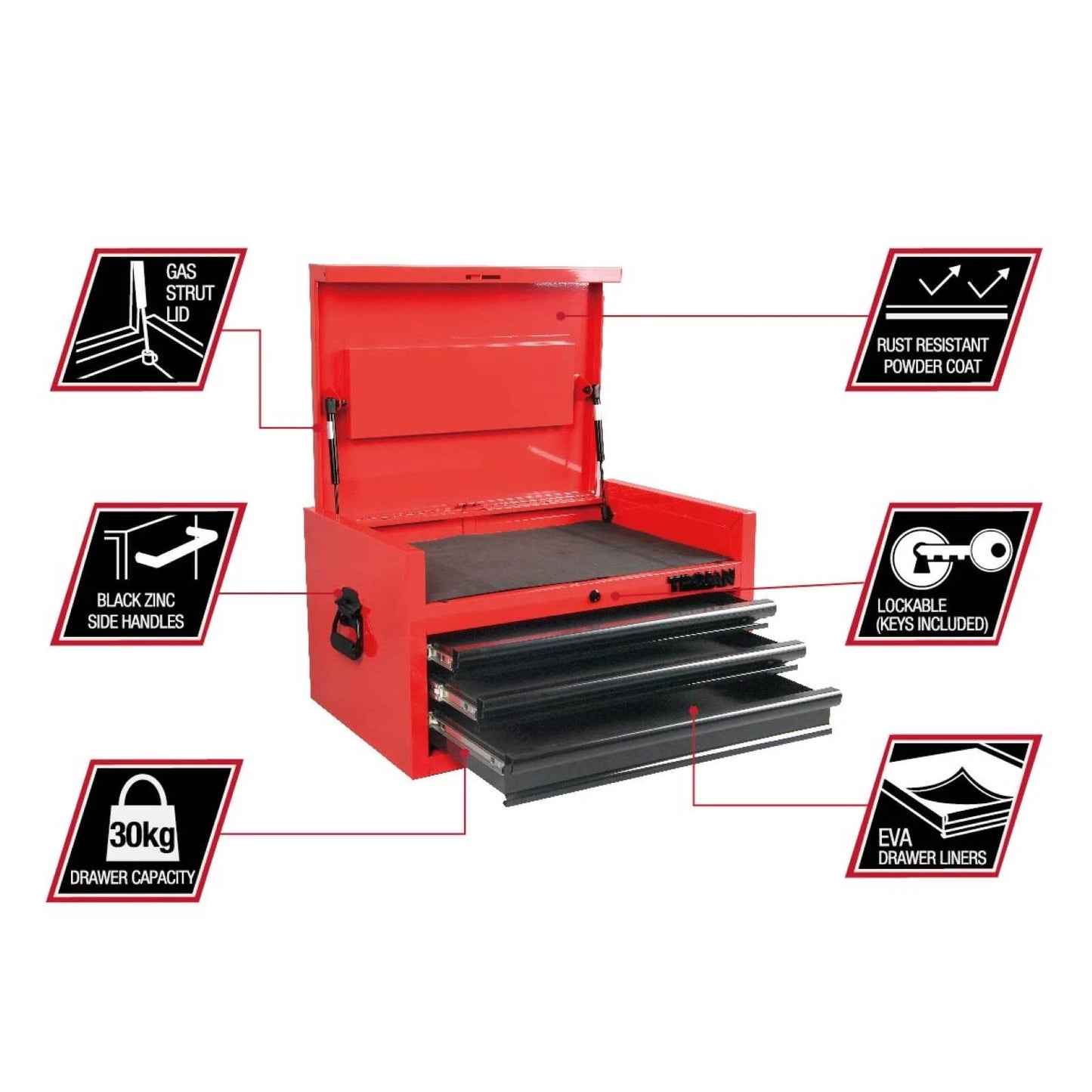 Trojan 26" 3 Drawer Steel Tool Chest with Lock, Ball-Bearing Drawers, Gas Strut Lid