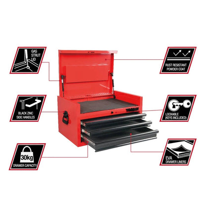 Trojan 26" 3 Drawer Steel Tool Chest with Lock, Ball-Bearing Drawers, Gas Strut Lid