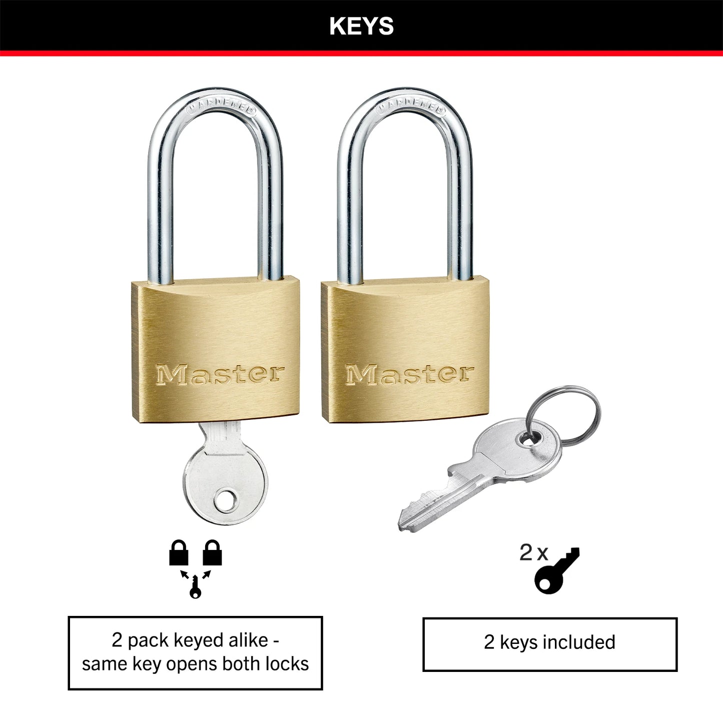Master Lock 40mm Long Shackle Padlock 2 Pack, Brass Body, Hardened Steel Shackle