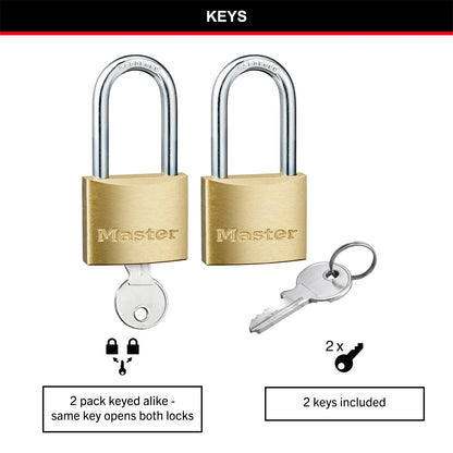 Master Lock 40mm Long Shackle Padlock 2 Pack, Brass Body, Hardened Steel Shackle