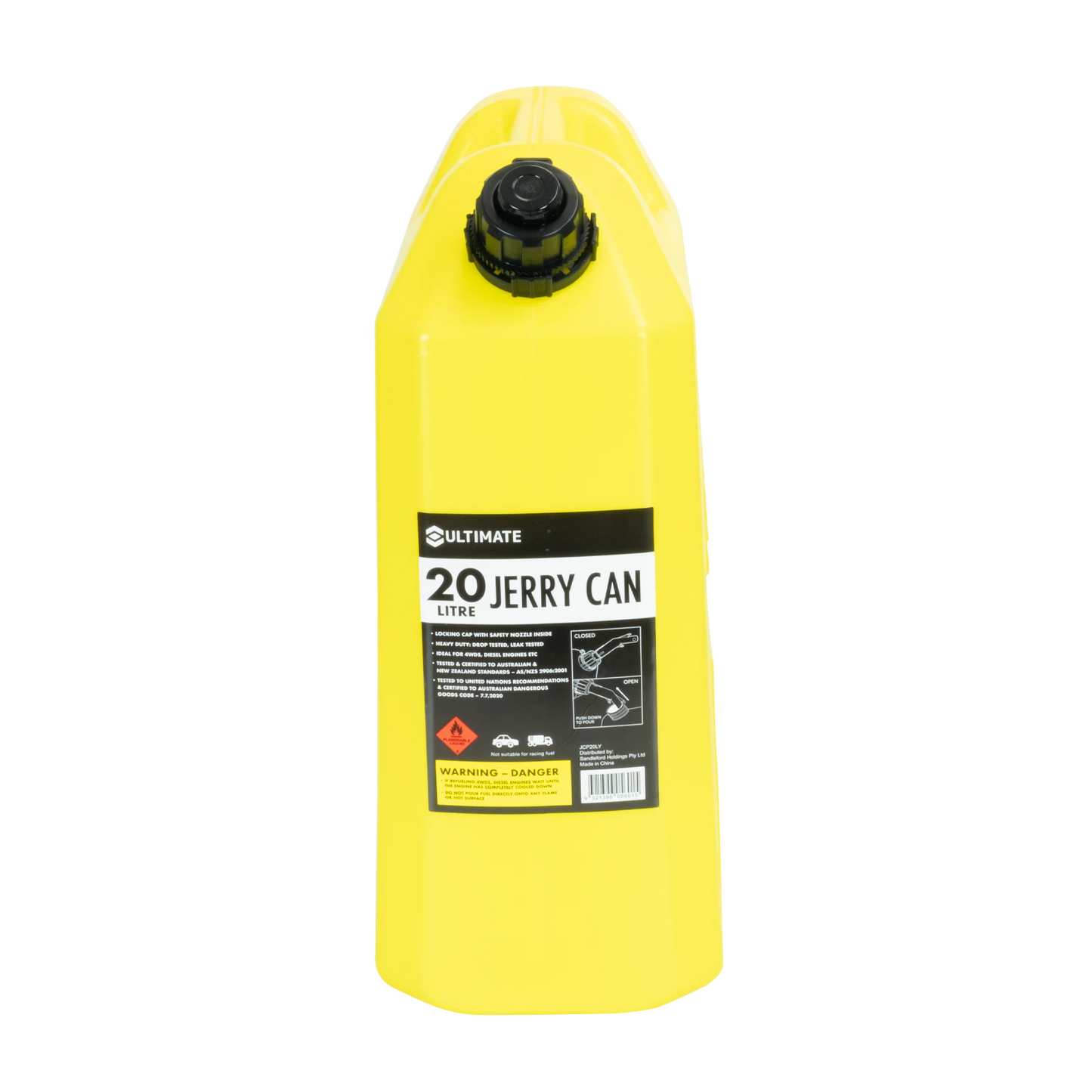 Ultimate 20L Yellow Plastic Fuel Can with Safety Nozzle & Self-Venting Spout