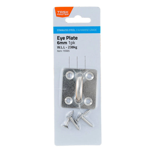 Taskmaster 6mm 316 Stainless Steel Square Eye Plate, Marine Grade, Corrosion Resistant, 238Kg Load