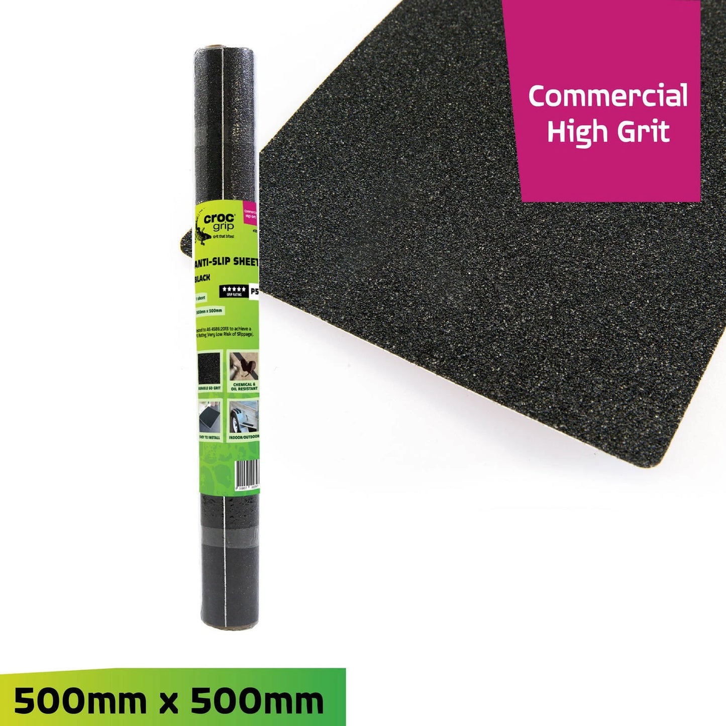 Croc Grip Black Anti-Slip Sheet 500x500mm P5 Rated, Chemical & Oil Resistant, Self-Adhesive