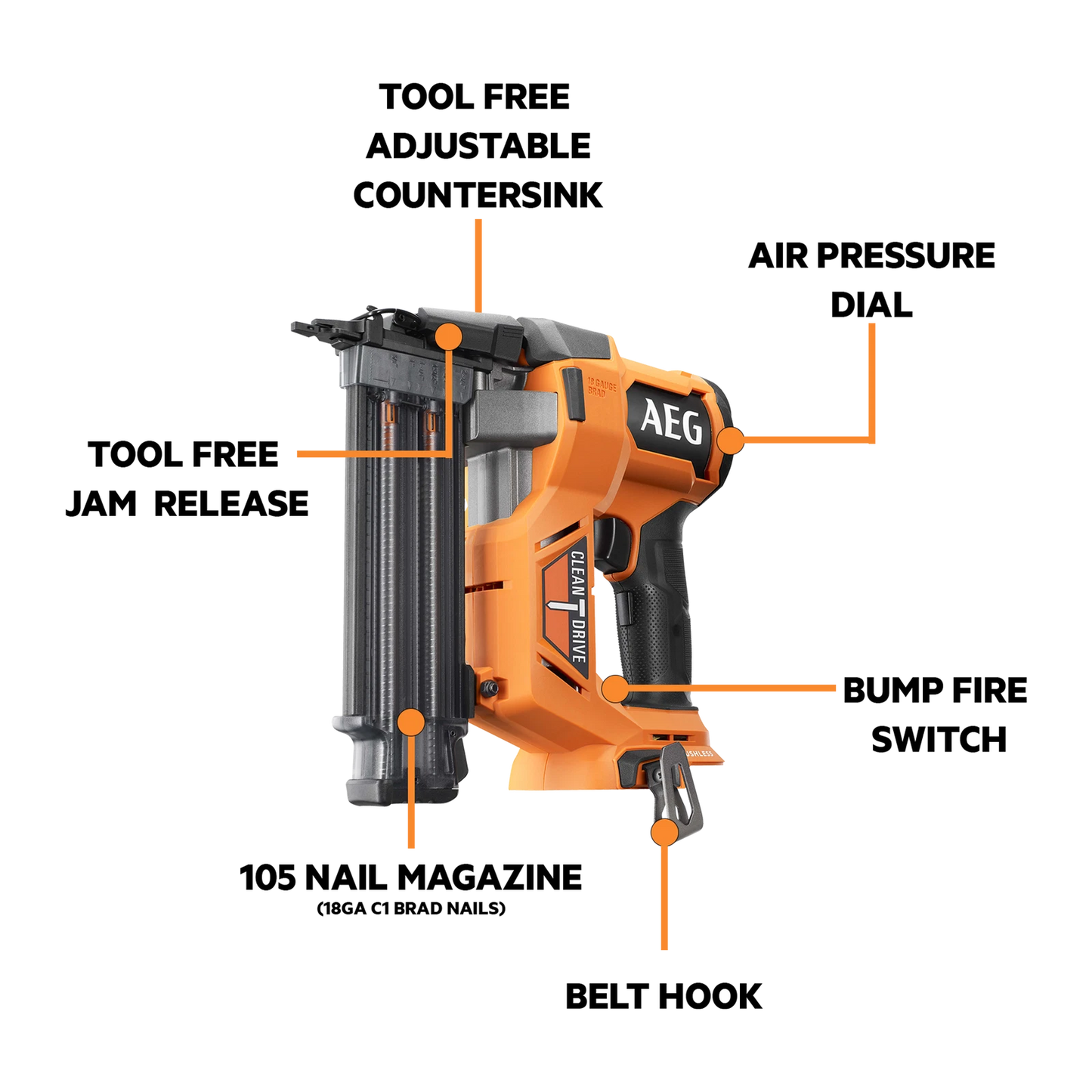 AEG 18V Brushless Brad Nailer, Cordless, Clean Drive, Tool-Free Jam Release