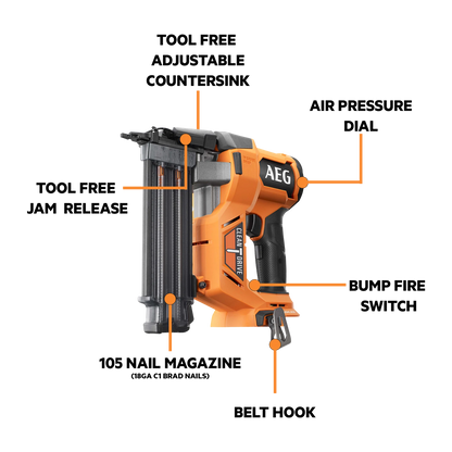 AEG 18V Brushless Brad Nailer, Cordless, Clean Drive, Tool-Free Jam Release