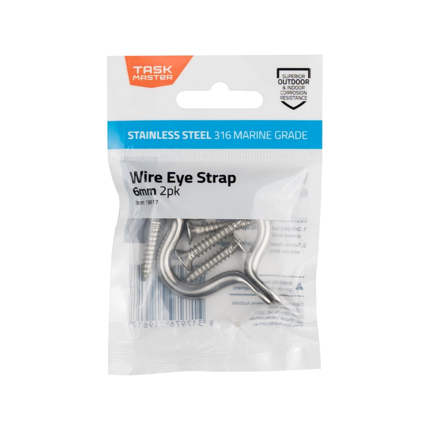 Taskmaster 6mm 316 Stainless Steel Marine Grade Wire Eye Strap - 2 Pack