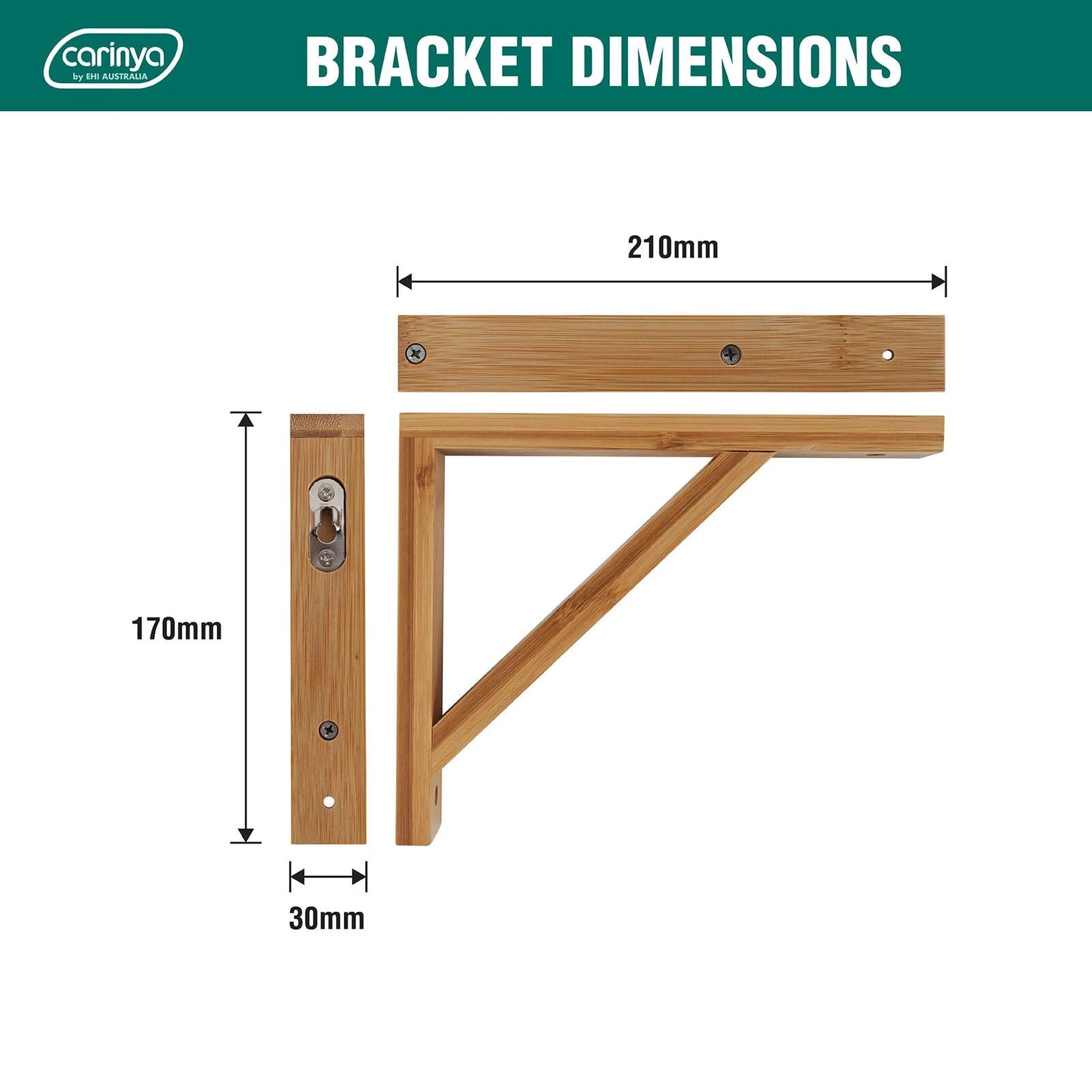 Carinya Bamboo Stayed Bracket 210x170mm, Varnished, 30kg Capacity, Indoor Wall Mount
