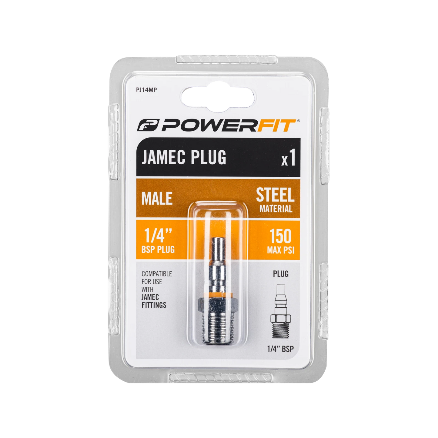 Powerfit Jamec Style 1/4" Male Plug, Durable Steel, 150 PSI, Orange Band