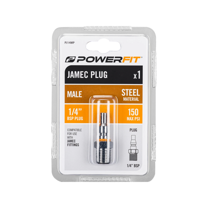 Powerfit Jamec Style 1/4" Male Plug, Durable Steel, 150 PSI, Orange Band