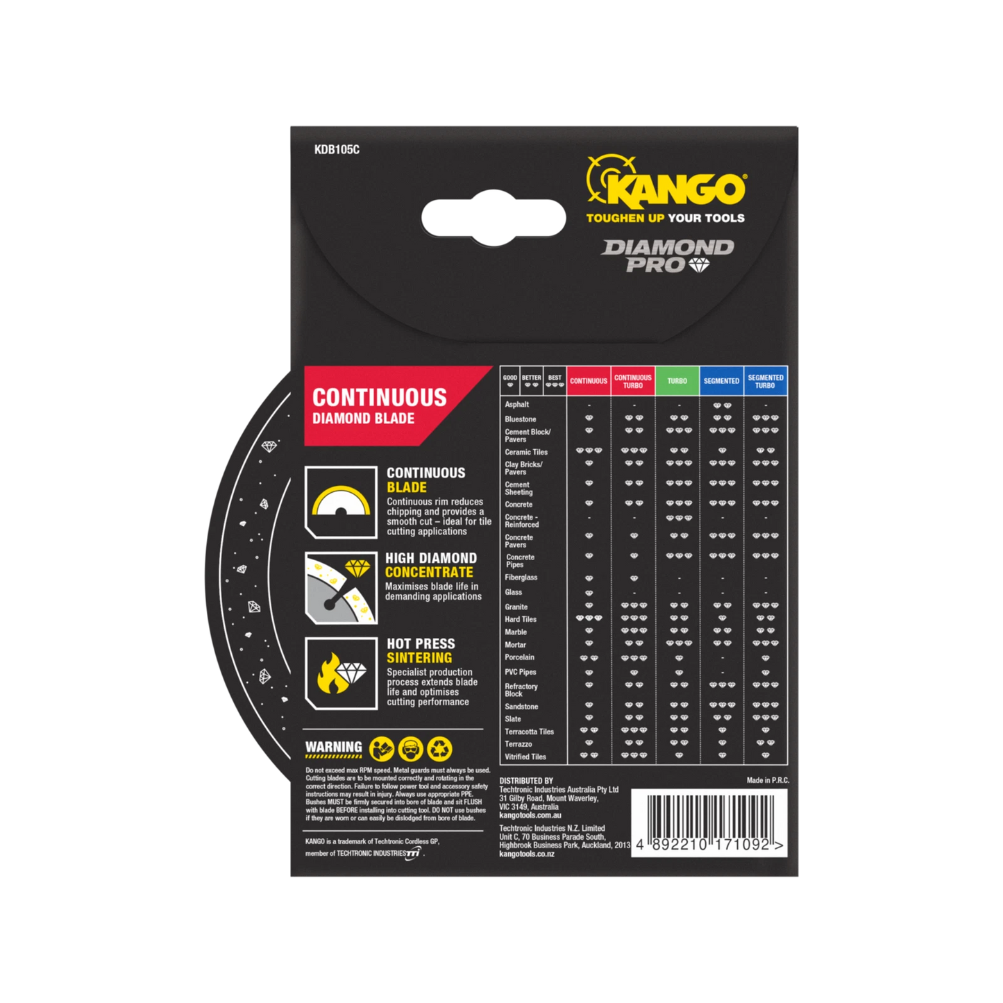 Kango 105mm Continuous Diamond Saw Blade - Smooth, Precise Cuts for Tiles & Marble