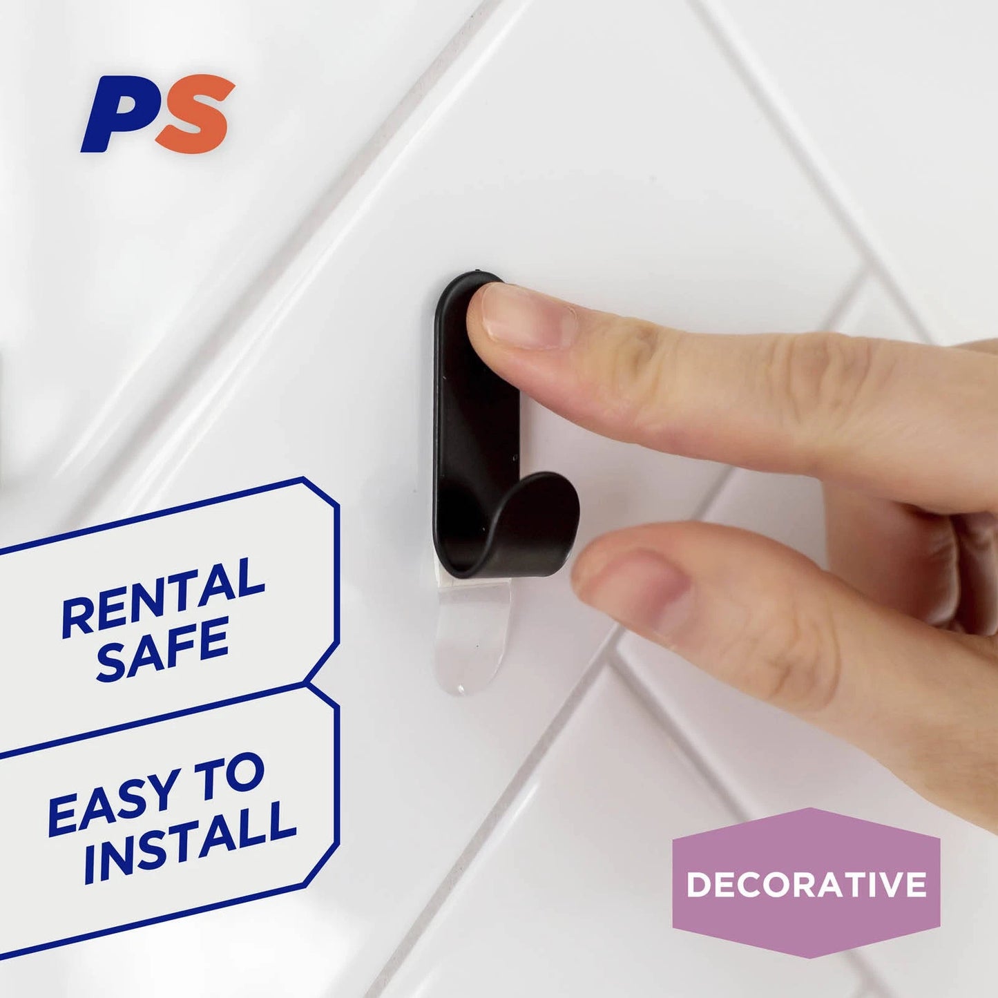 Permastik Small Black Metal Hooks 6 Pack - No Drilling, Stainless Steel, Matte Finish