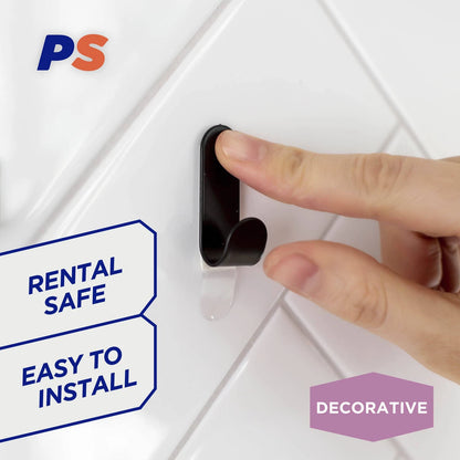 Permastik Small Black Metal Hooks 6 Pack - No Drilling, Stainless Steel, Matte Finish