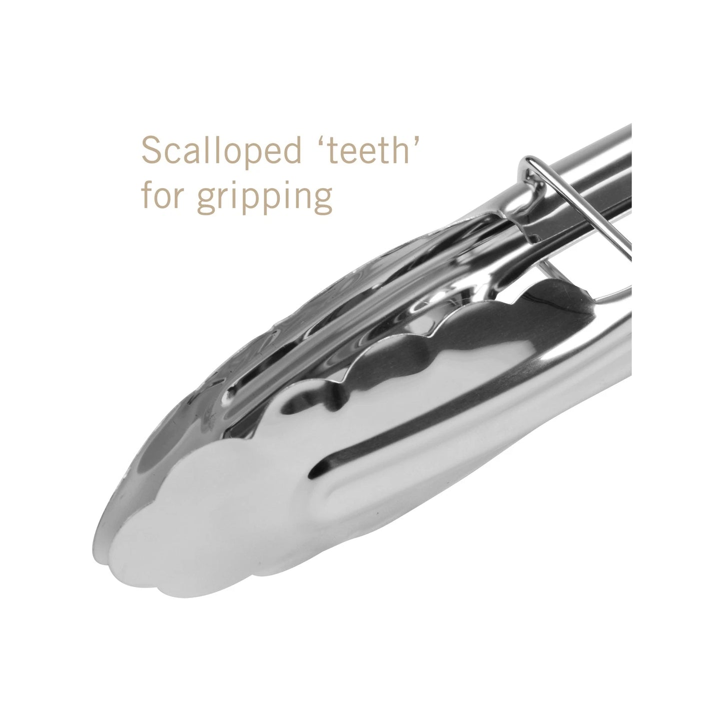 BBQ Stainless Steel Short Lockable Tongs with Scalloped Teeth, 23cm for Cooking & Serving