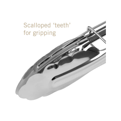 BBQ Stainless Steel Short Lockable Tongs with Scalloped Teeth, 23cm for Cooking & Serving