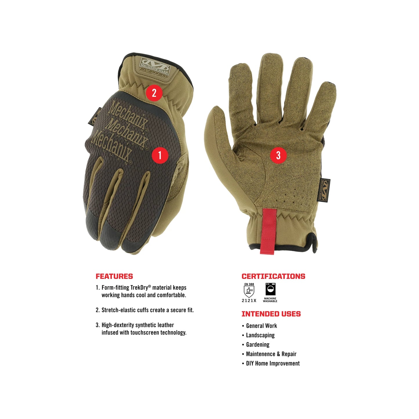 Mechanix Wear Large FastFit Glove - Touchscreen, TrekDry, Synthetic Leather