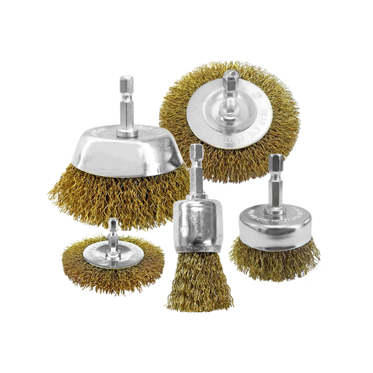 Josco 5 Piece Drill Brush Kit, Brass-Coated Steel, Versatile Cleaning, 1/4" Hex Shank