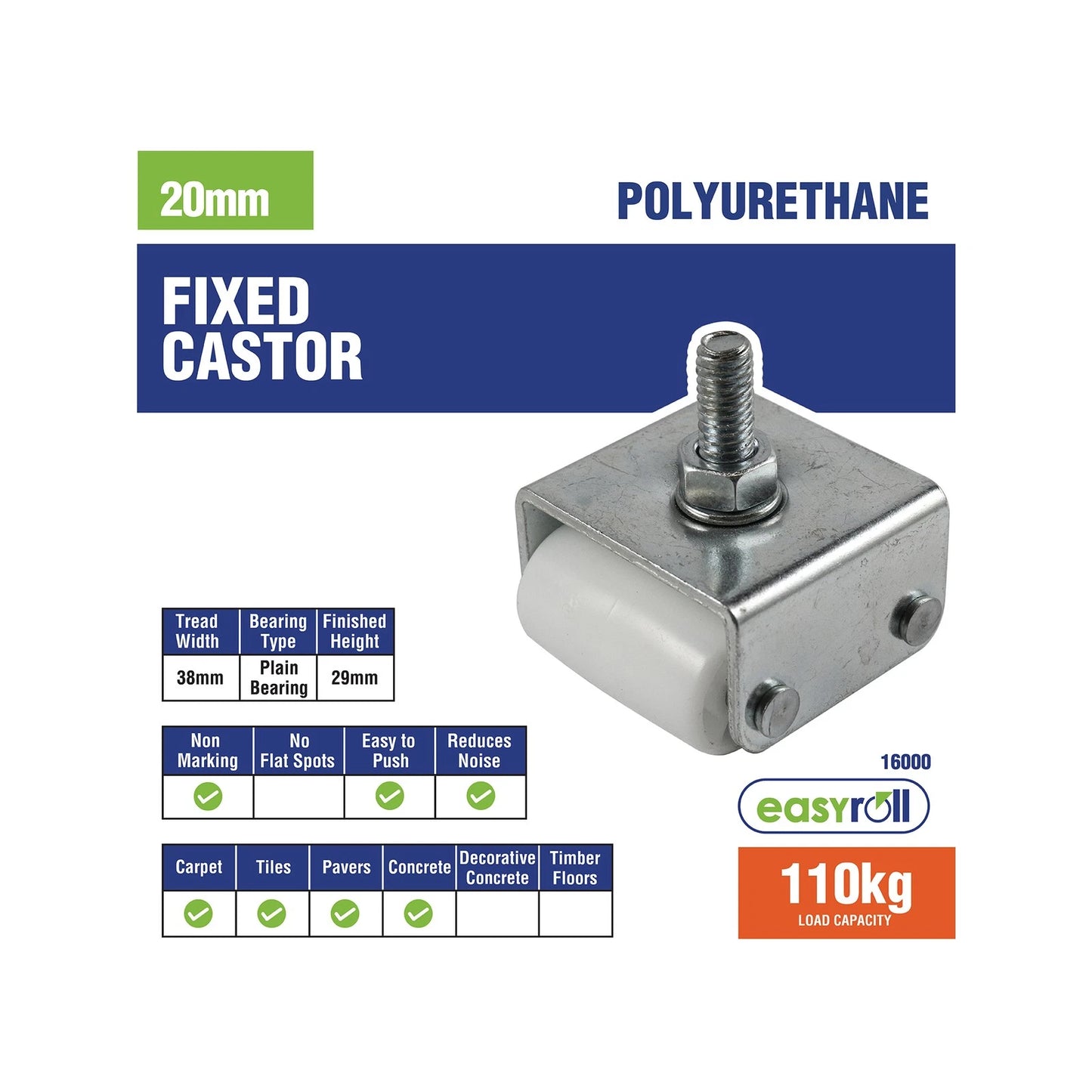 Easyroll 110kg Twin Wheel Appliance Castor, Low Profile, Durable PP Wheels, Indoor Use