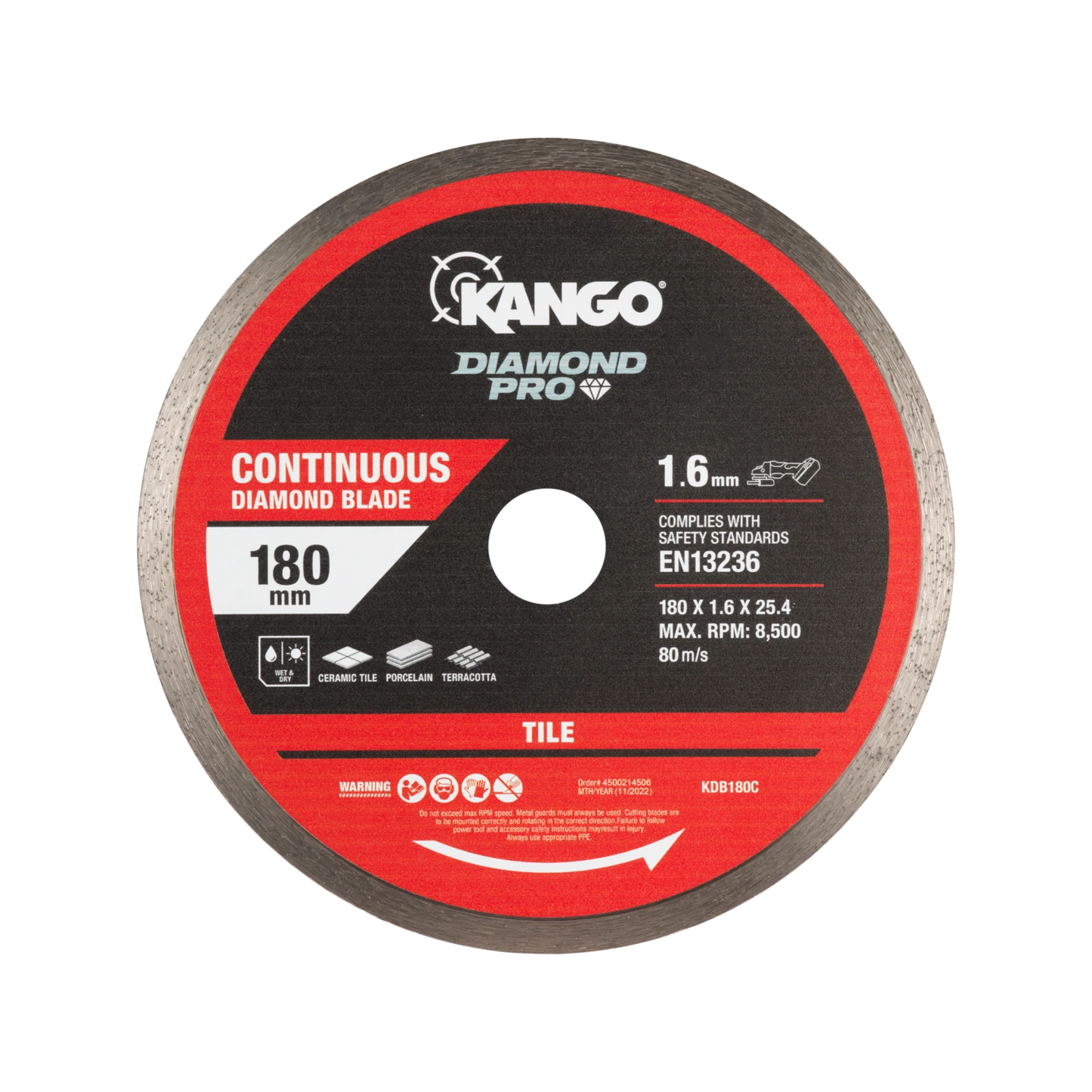 Kango 180mm Continuous Diamond Blade for Ceramic, Porcelain & Terracotta Tiles, Wet/Dry Cutting