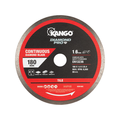 Kango 180mm Continuous Diamond Blade for Ceramic, Porcelain & Terracotta Tiles, Wet/Dry Cutting